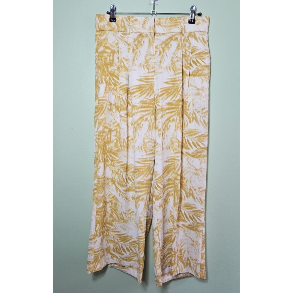 Haven & Blair Small Tropical Wide Leg Crop Pants White Yellow Resort Cruise